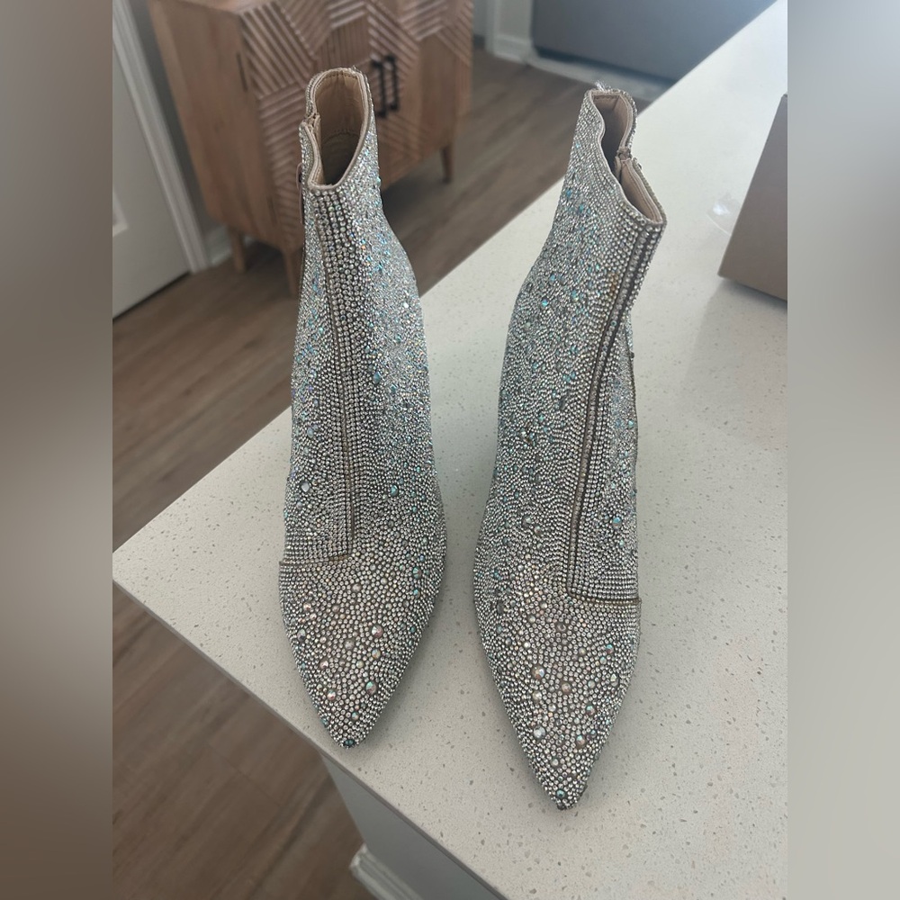 Embellished Crystal Pointed-Toe Ankle Boots - Silver